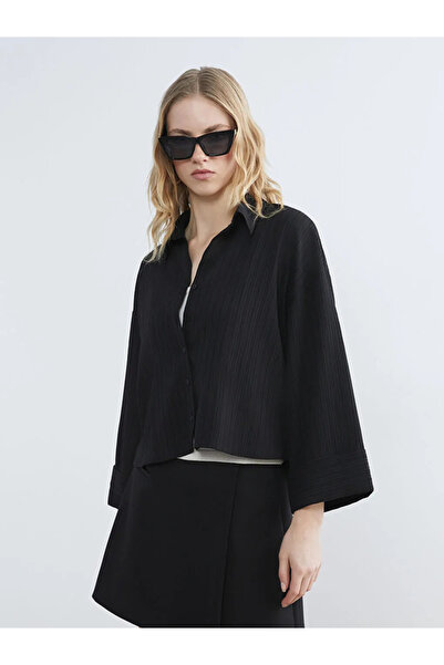 LC Waikiki Μαύρο ριγέ υπερμεγέθη γυναικείο πουκάμισο