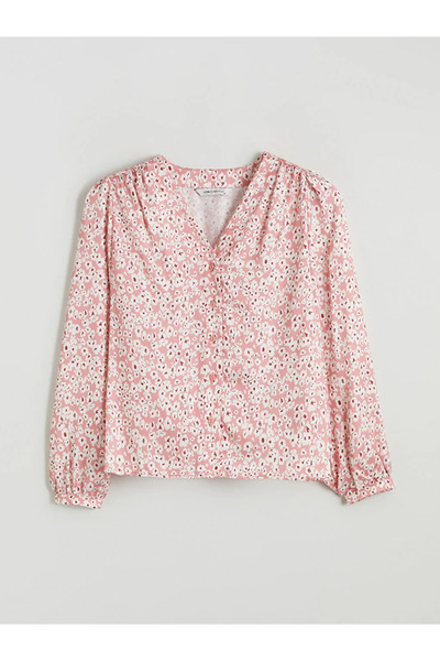 LC Waikiki Pink V-Neck Floral Satin Blouse