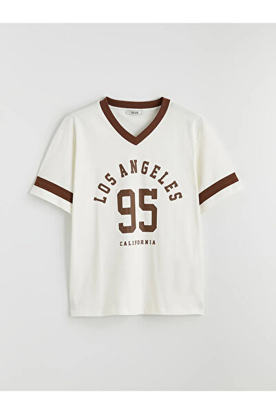 LC Waikiki Beige V-Neck Los Angeles Printed Oversize Women's T-Shirt