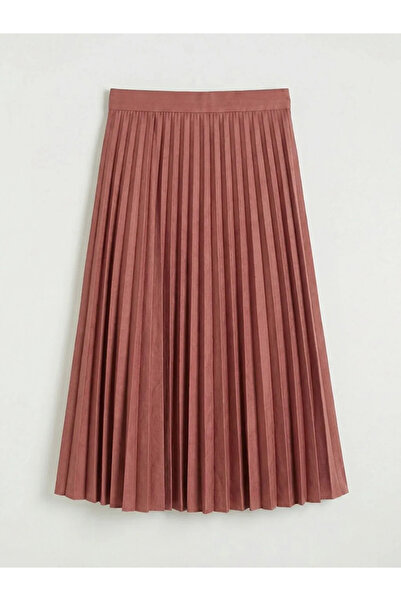LC Waikiki Burgundy Elastic Waist Suede Look Pleated Skirt