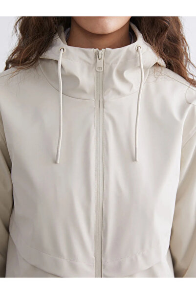 LC Waikiki Beige Hooded Women's Leather-Look Raincoat