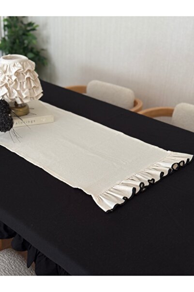 KaiAtelier Natural Embroidered Linen Runner with Ruffles at Both Ends 50Cmx150Cm