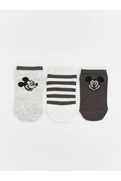 LC Waikiki Gray Mickey Mouse Printed Baby Boy Booties Socks 3-Piece Set