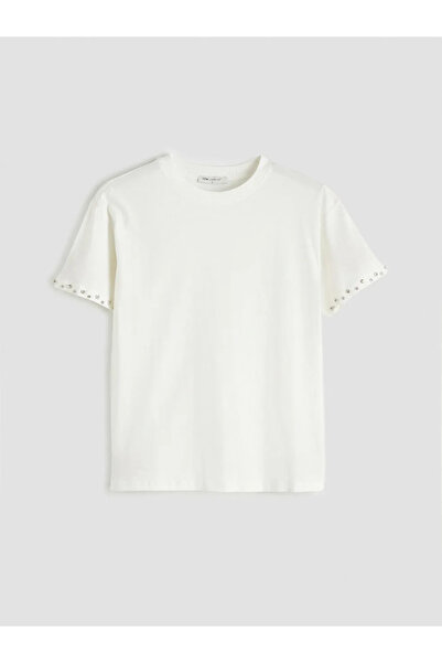 LC Waikiki Ecru Crew Neck Stoned Soft Touch Women's T-Shirt