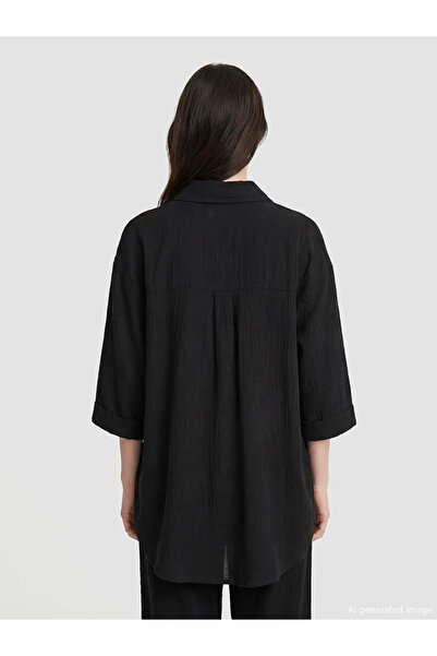 LC Waikiki Μαύρο Με υφή oversized Γυναικείο πουκάμισο μουσελίνας