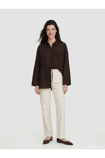 LC Waikiki Καφέ Γυναικείο Πουκάμισο με Λεπτομέρεια Δεσίματος Με σούρες