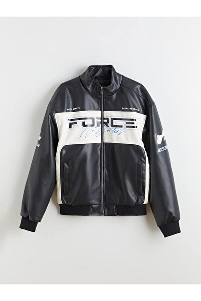 LC Waikiki Black Standard Mold Stand Collar Men's Leather Look Coat