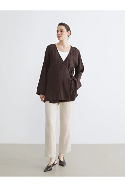 LC Waikiki Kimono de damă din muselină, maro, cu guler dublu și textură