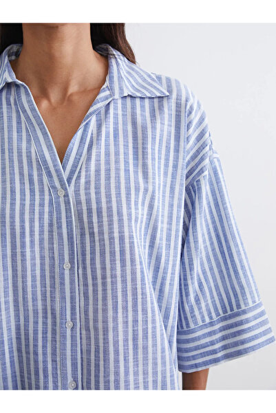 LC Waikiki Mavi Çizgili Oversize Poplin Kadın Gömlek
