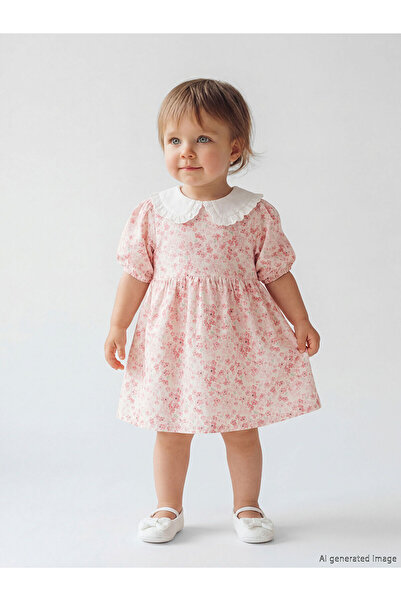 LC Waikiki Nevavm Farkıyla Kız Bebek Bebe Collar Floral Poplin Dress