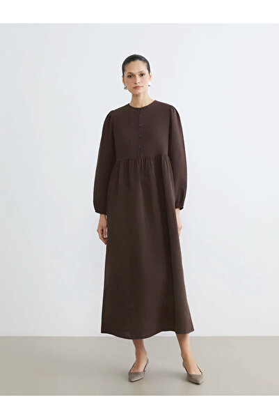 LC Waikiki Καφέ Φόρεμα Μουσελίνας με Μανίκια Μπαλόνι και Μακρύ Σχέδιο