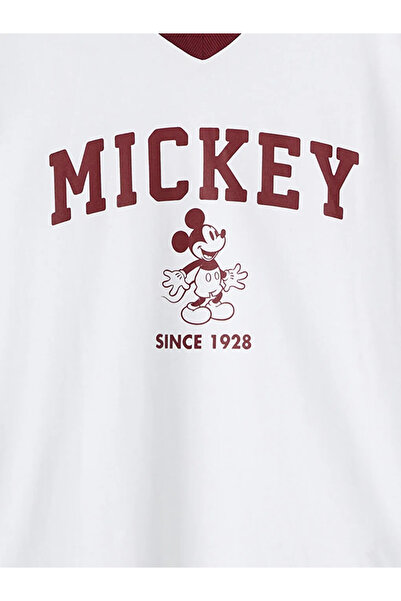 LC Waikiki White V-Neck Mickey Mouse Printed Oversized Women's T-Shirt