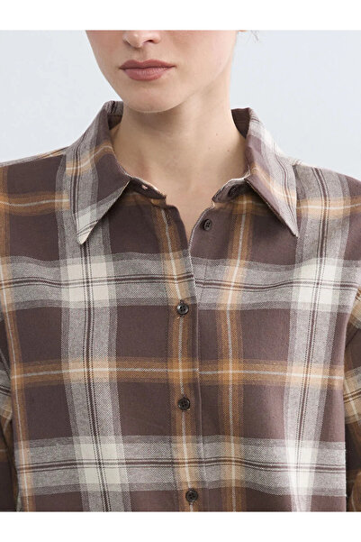 LC Waikiki Καφέ καρό γυναικείο πουκάμισο υλοκόπτης τύπου τουνίκ