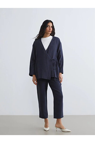 LC Waikiki Γυναικείο παντελόνι μουσελίνας με υφή κομμένο μπλε ναυτικό καρότο