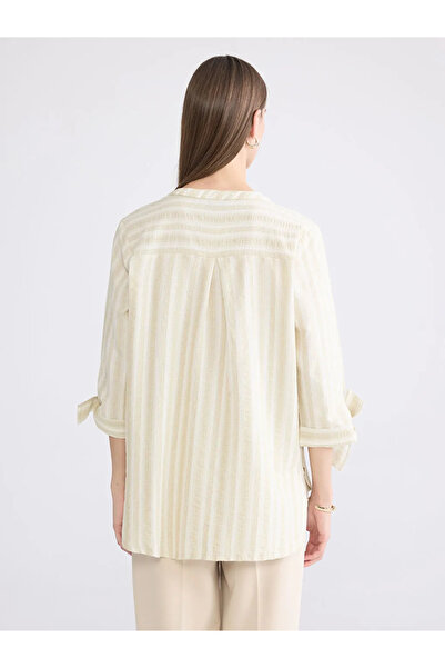 LC Waikiki Χακί γυναικείο πουκάμισο με ριγέ γιακά και μείγμα λινού