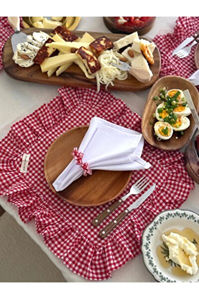 KaiAtelier 4-Piece Mia Linen Rectangular Ruffle Detailed American Serving Pla...