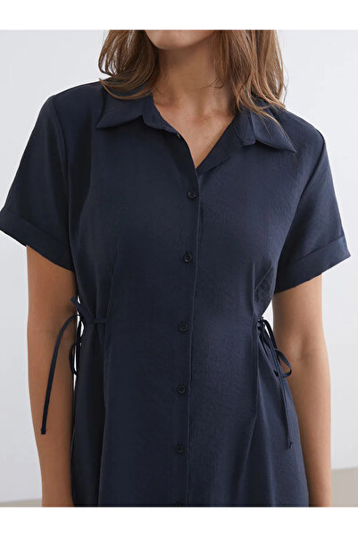 LC Waikiki Ανθρακί φόρεμα πουκάμισο με κορδόνι στη μέση και μανίκια με κορδόνι