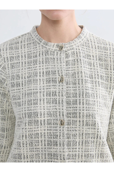 LC Waikiki Gray Crew Neck Plaid Women's Cardigan