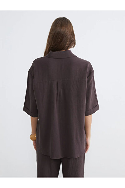 LC Waikiki Καφέ Γυναικείο Πουκάμισο Oversize Μουσελίνας με Υφή