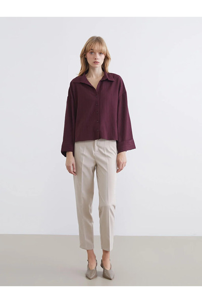 LC Waikiki Γυναικείο πουκάμισο Claret Red Ριγέ oversized