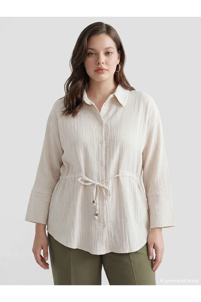 LC Waikiki Μπεζ γυναικείο πουκάμισο μουσελίνας με υφή και κορδόνια