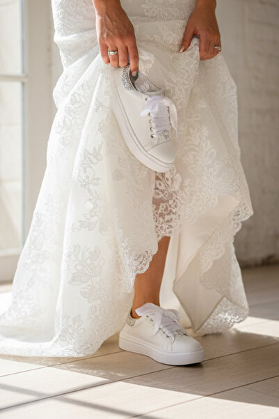 Stilo White Silver Heel Detailed Evening Dress Sports Bridal Shoes, Flat Sole Wedding Dress Shoes