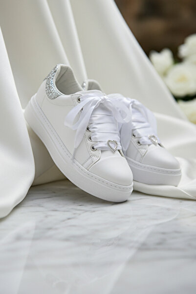 Stilo White Silver Heel Detailed Evening Dress Sports Bridal Shoes, Flat Sole...