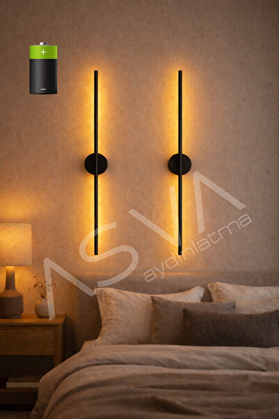 asva aydınlatma 2 Li 70 cm Ortadan Taslı Pilli Aplik Amber Led Siyah Kasa Pil...