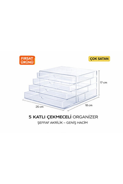 Aşkana Akrilik Kozmetik Organizer,5 Çekmeceli Çok Amaçlı Düzenleyici(Makyaj,T...