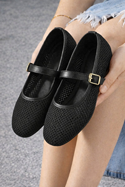 STOCON Avila Black Mesh Gold Buckle Belted Ballerinas Summer Ballerinas Stc1285