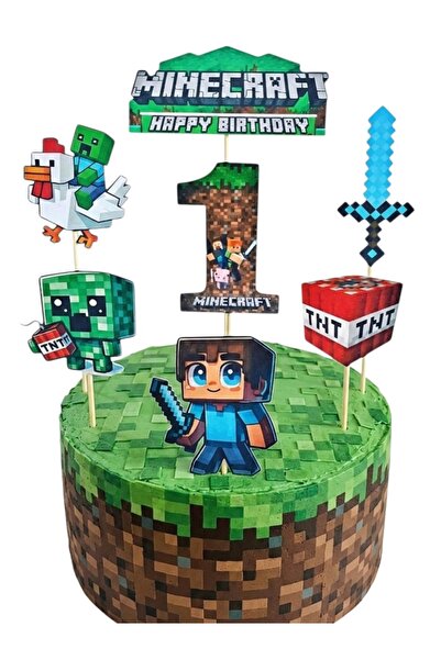 telaşe memuru Minecraft Pasta Süsü ve Minecraft Temalı 1 Yaş Doğum Günü Konse...