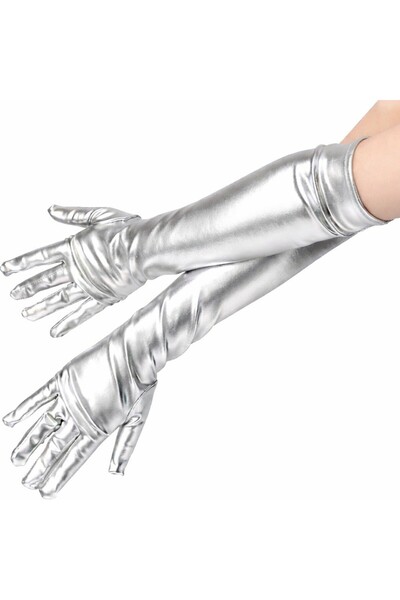 ForWhat 40cm Silver under Elbow Satin Gloves for Office Home Office Event Sho...