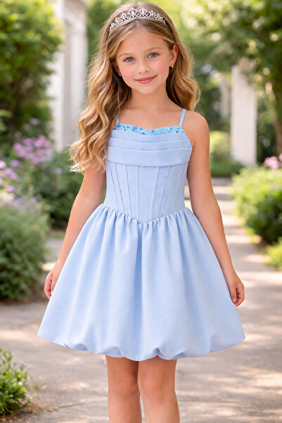 Erkut Kız Çocuk Bebe Mavi Renk Balon Etekli Krep Kumaş Kısa Abiye Elbise
