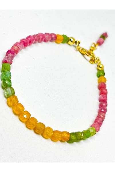Agatella Tasarım Natural Tourmaline Stone Steel Apparatus Bracelet Handmade Colorful Design Women's Bracelet