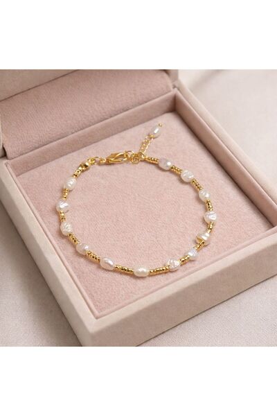 Agatella Tasarım Pearl Detailed Steel Design Bracelet – Natural Pearl, Gold C...