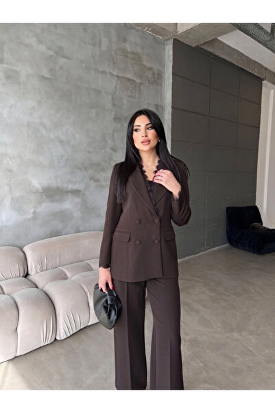 Göker Life Γυναικείο σοκολατί καφέ κοστούμι - Σακάκι με δαντέλα και παντελόνι