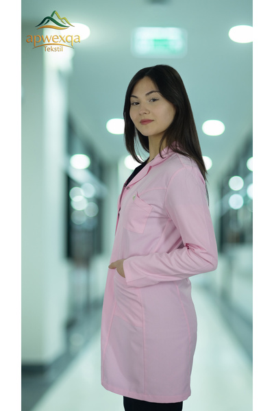 apwexqa tekstil Classic Collared Long Sleeve Long Length Pink Work Apron