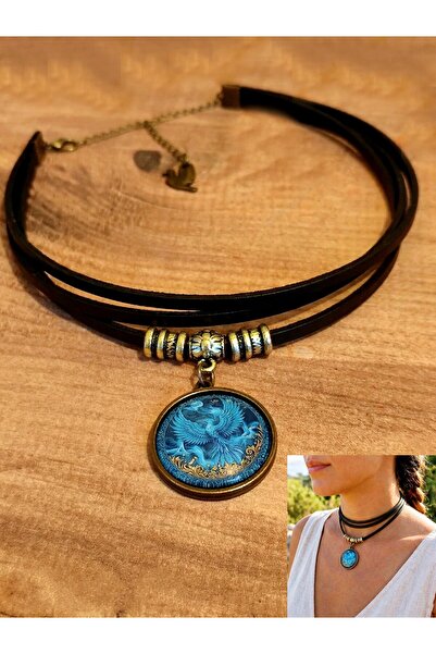 LADYMİRAGE Real Leather Choker Necklace with Phoenix Figure