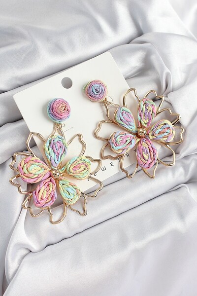 Inure Jewelry Brass Rainbow Flower Model Gold Color Women's Straw Earrings