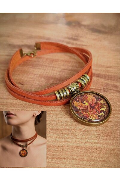 LADYMİRAGE Real Leather Choker Necklace with Phoenix Figure