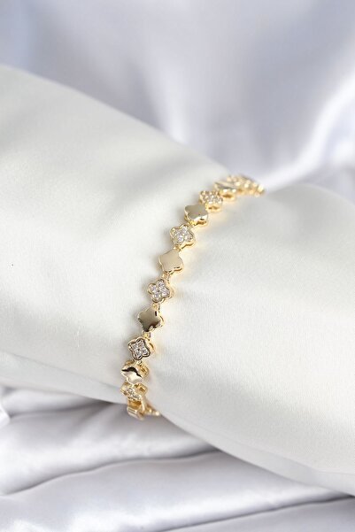 Inure Jewelry Brass Gold Color Zircon Stone Clover Model Women's Bracelet