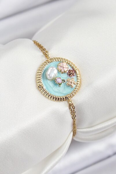 Inure Jewelry 316L Steel Chain Turquoise Enamel Artistic Portrait Pearl Detai...