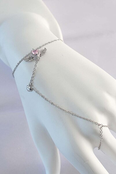 Inure Jewelry 316L Steel Silver Color Pink Zircon Stone Winged Heart Model Şa...