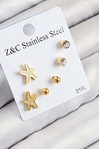 Inure Jewelry 316L Steel Zircon Stone Starfish Model Silver Color Women's Set...