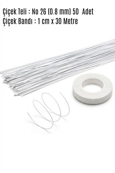 ASL ArtPaper Çiçek Teli Beyaz No: 26 (0.8 mm) 50 Adet 60 cm ve Beyaz Çiçek Ba...