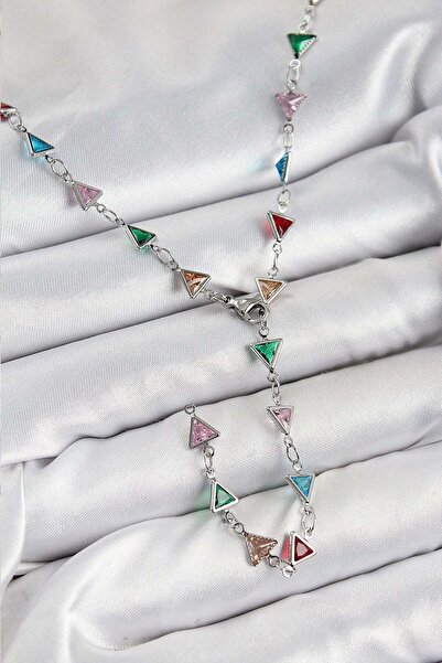 Inure Jewelry قلادة نسائية على شكل مثلث من حجر الزركون الملون باللون الفضي