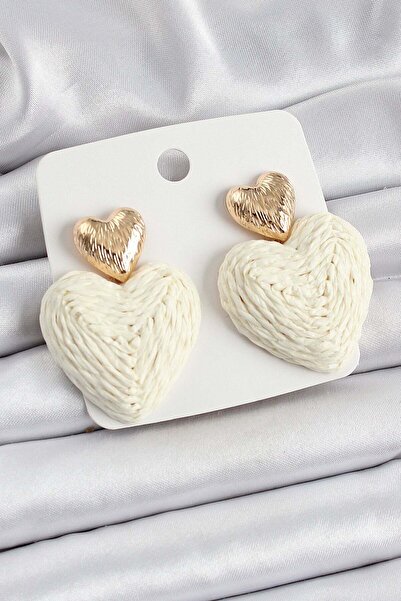 Inure Jewelry Cream Heart Figured Straw Knitted Model Gold Color Women's Earr...