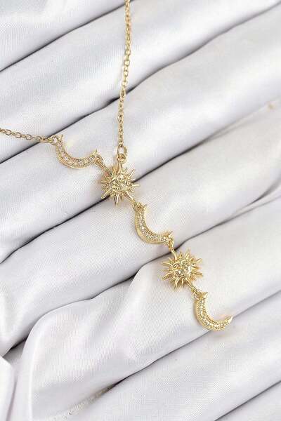 Inure Jewelry 316L Çelik Zirkon Taşlı Güneş Ve Ay Model Gold Renk Kadın Kolye