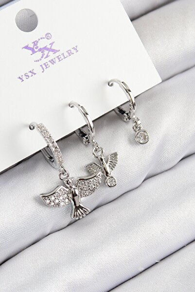 Inure Jewelry Brass Zircon Stone 3-Piece Bird Model Silver Color Women's Earr...