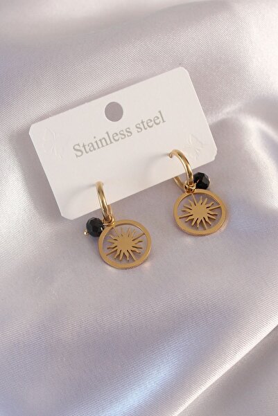 Inure Jewelry Steel Gold Color Sun Figure Black Crystal Detail Women's Earrings